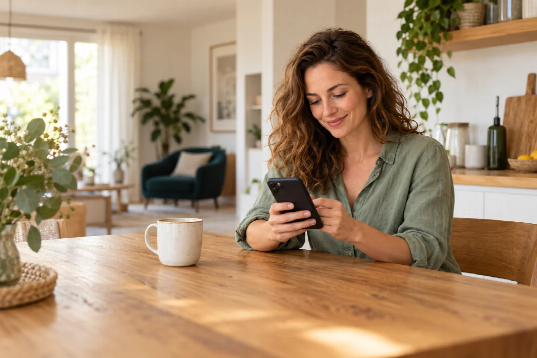 Eine Frau vergleicht Tarife auf ihrem Smartphone.