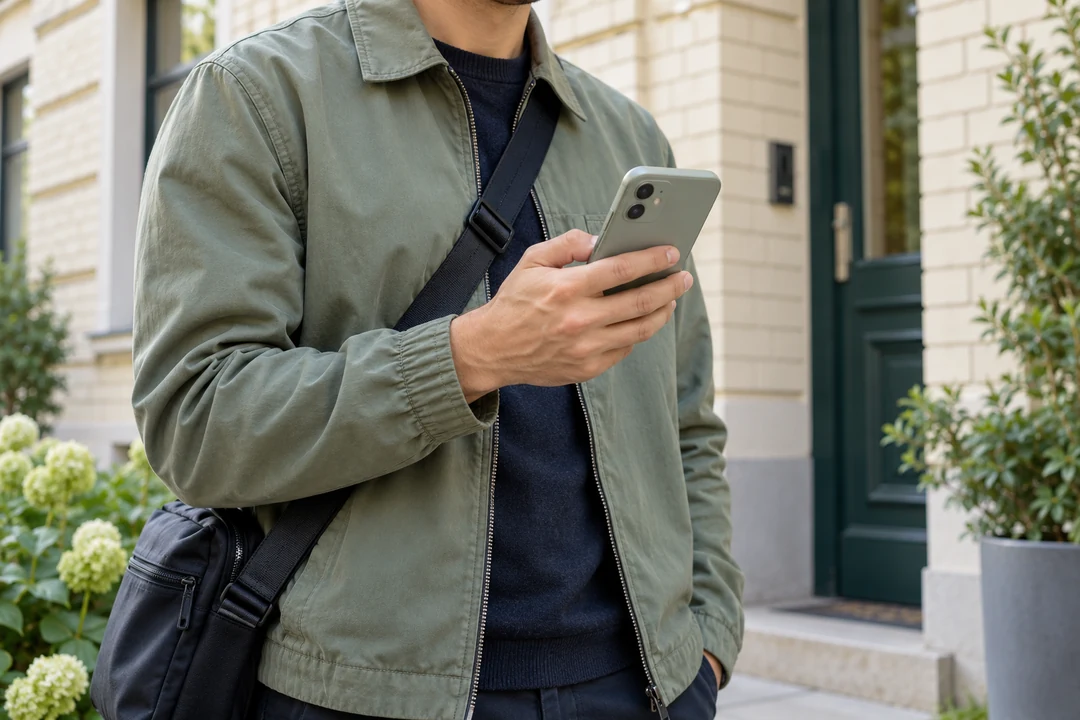Ein Mann mit salbeifarbener Jacke nutzt sein Smartphone vor einem Hauseingang.