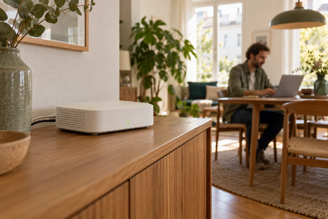 WLAN-Router in einem hellen Wohnzimmer mit Arbeitsplatz.