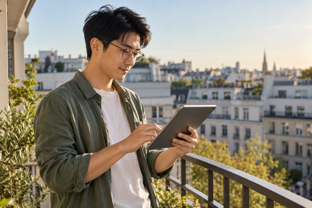 Ein Mann nutzt sein Tablet auf einem sonnigen Stadtbalkon.