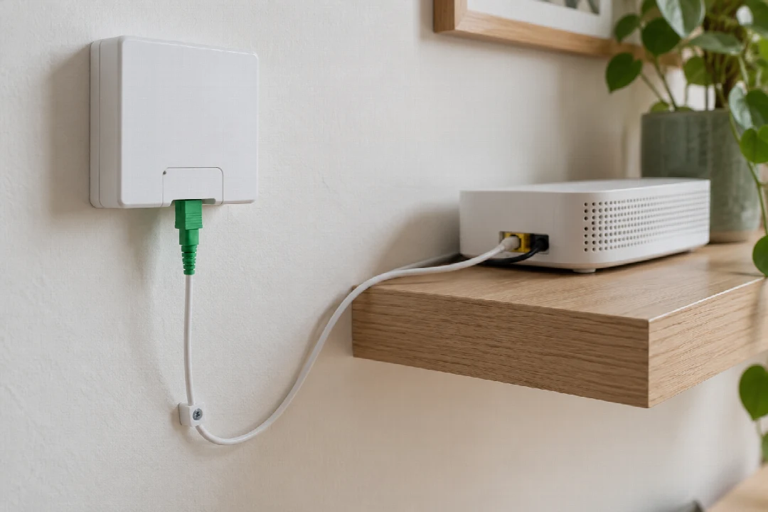 Glasfaseranschlussdose mit dünnem Kabel und einem Modem an der Wand.