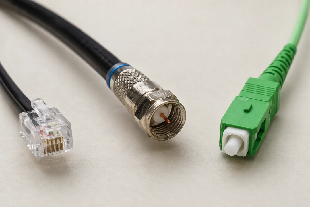 Telefon-, Koaxial- und Glasfaserkabel mit ihren unterschiedlichen Steckern.