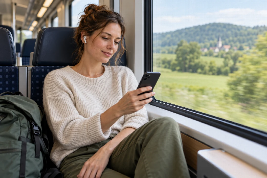 Eine Reisende nutzt Smartphone und Kopfhörer im Zug.