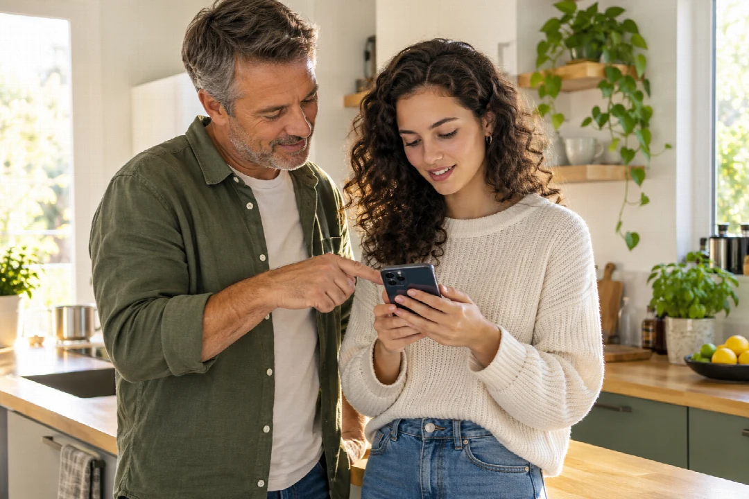 Vater und erwachsene Tochter besprechen die Nutzung eines Smartphones.