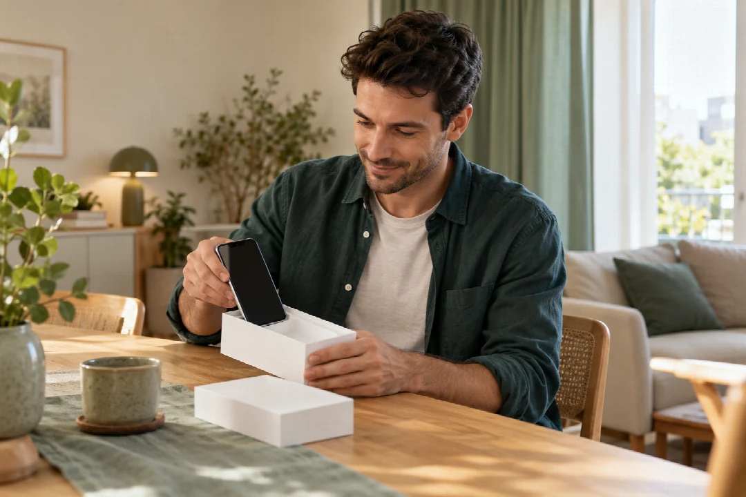 Ein Mann packt sein neues Smartphone aus einer weißen Schachtel aus.