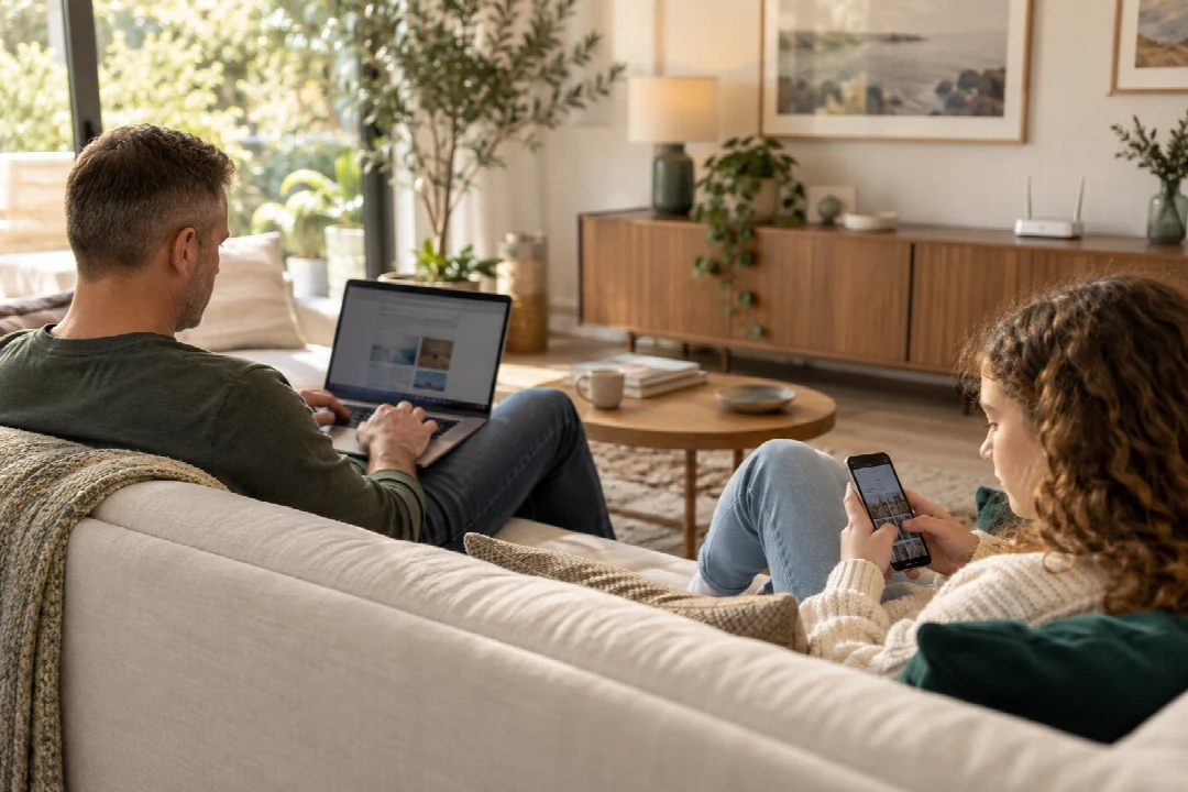 Vater und Tochter nutzen Laptop und Smartphone auf dem Sofa.