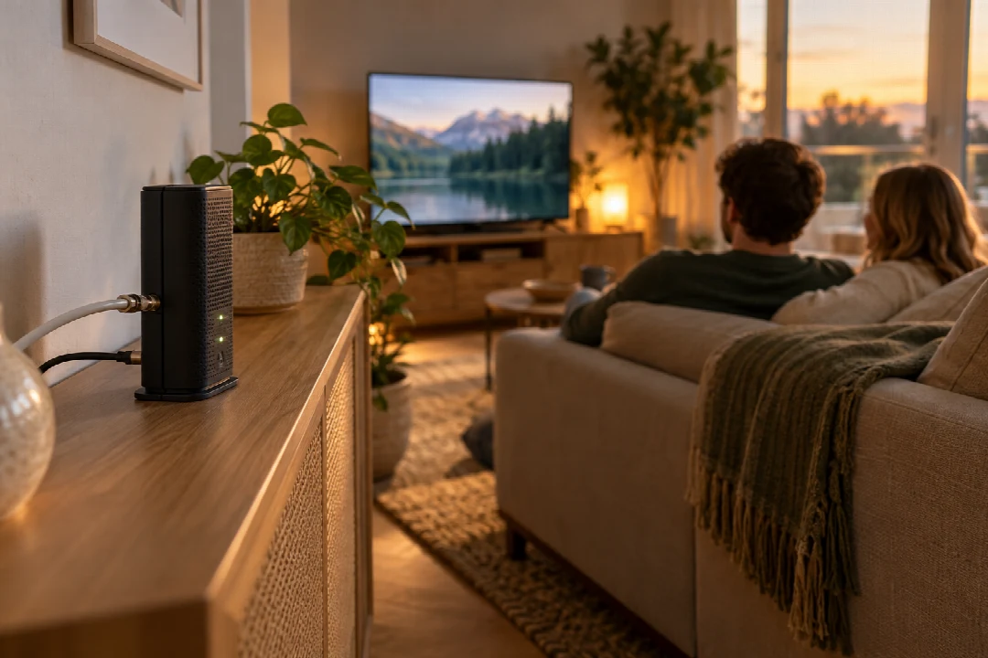 Kabelmodem im Wohnzimmer mit Fernseher im Hintergrund.