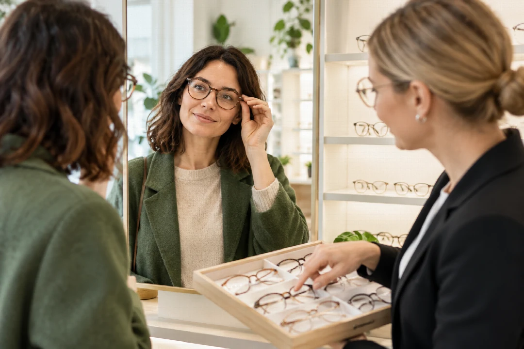 Eine Kundin probiert eine Brille beim Optiker an.