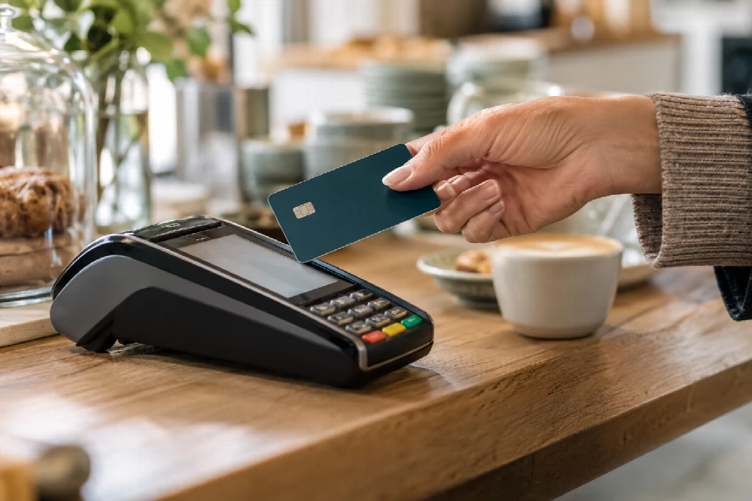 Eine Hand hält eine Karte über ein Bezahlterminal im Café.