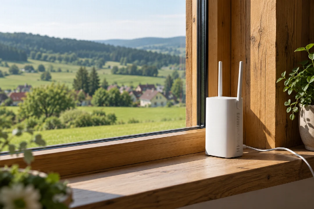 Mobilfunkrouter am Fenster eines Hauses auf dem Land.