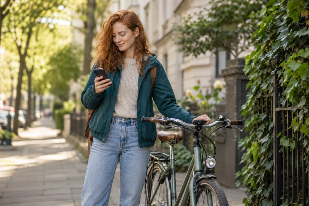 Eine Frau prüft ihr Smartphone neben ihrem stehenden Fahrrad.