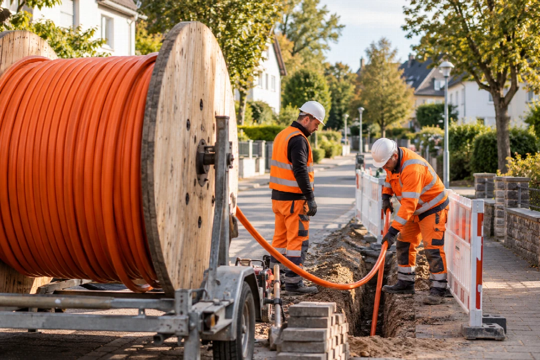Glasfaserausbau mit Kabeltrommel und gesicherter Baustelle in einer Wohnstraße.