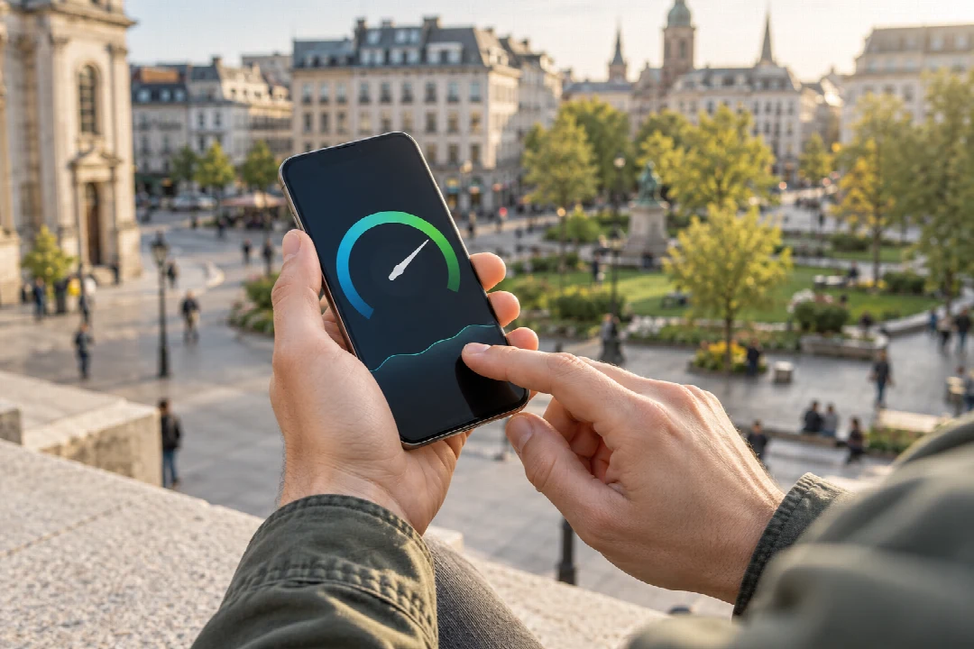 Ein Smartphone mit einer schematischen Geschwindigkeitsanzeige im Freien.