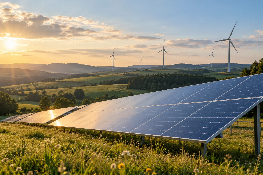 Solarmodule und Windräder in einer grünen Hügellandschaft.