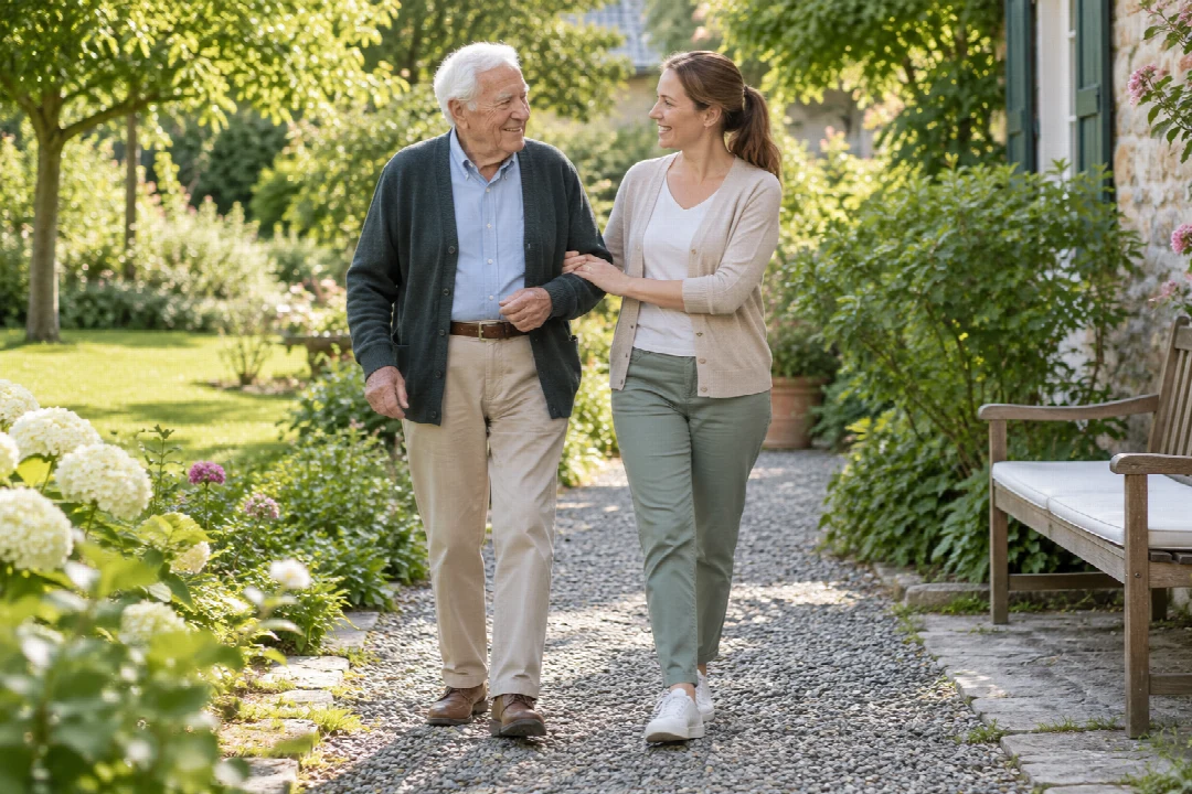 Ein älterer Mann geht mit Unterstützung einer Betreuungsperson durch einen Garten.