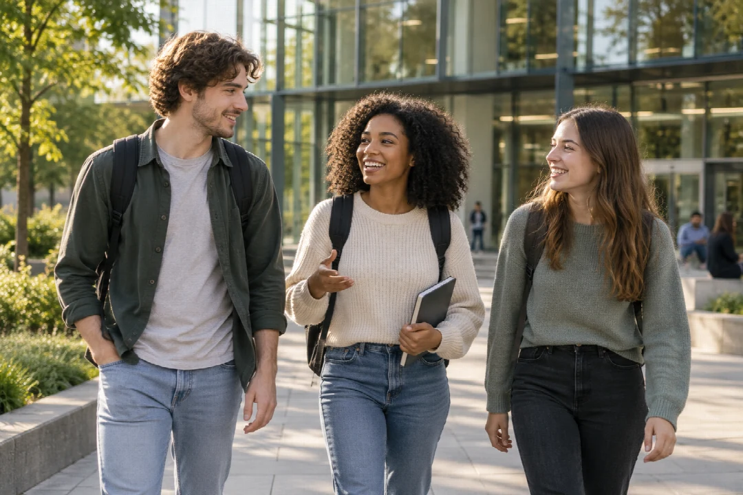 Drei Studierende gehen gemeinsam über einen Hochschulcampus.
