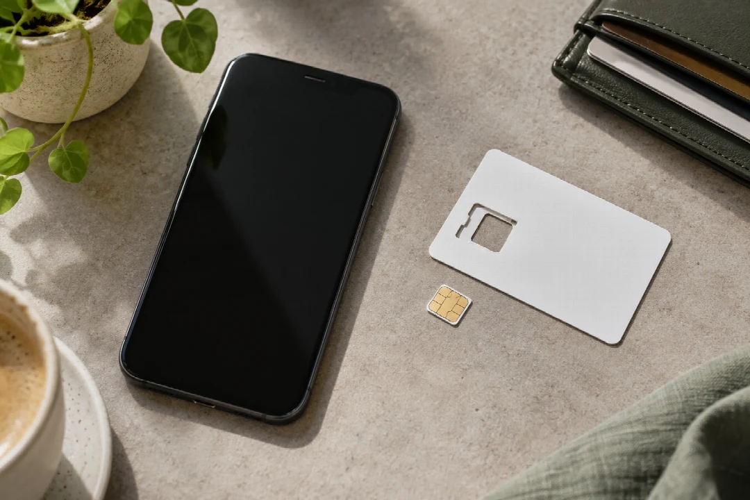 Smartphone, SIM-Karte und Geldbörse auf einer hellen Unterlage.