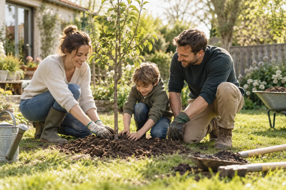 Eltern pflanzen mit ihrem Kind einen jungen Obstbaum im Garten.
