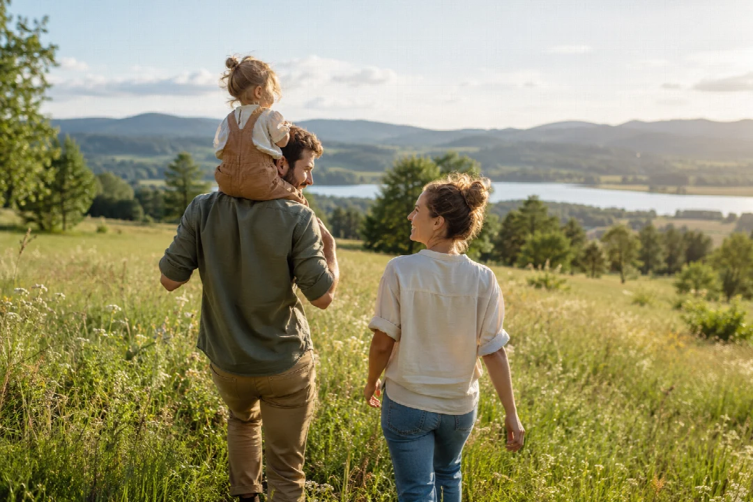 Eine Familie spaziert über eine Wiese; der Vater trägt sein Kind auf den Schultern.