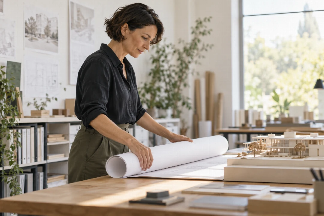 Eine Architektin mit Bauzeichnung und Gebäudemodell in ihrem Atelier.