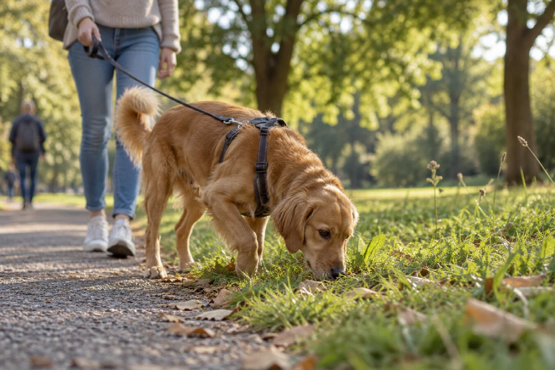 Ein angeleinter Hund mit seiner Halterin auf einem Parkweg.