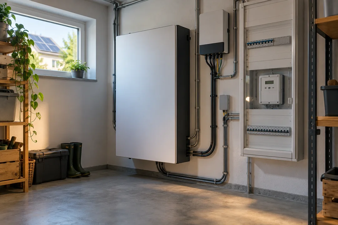 Heimspeicher und Stromzähler in einem Hauswirtschaftsraum; durchs Fenster sind Solarmodule zu sehen.