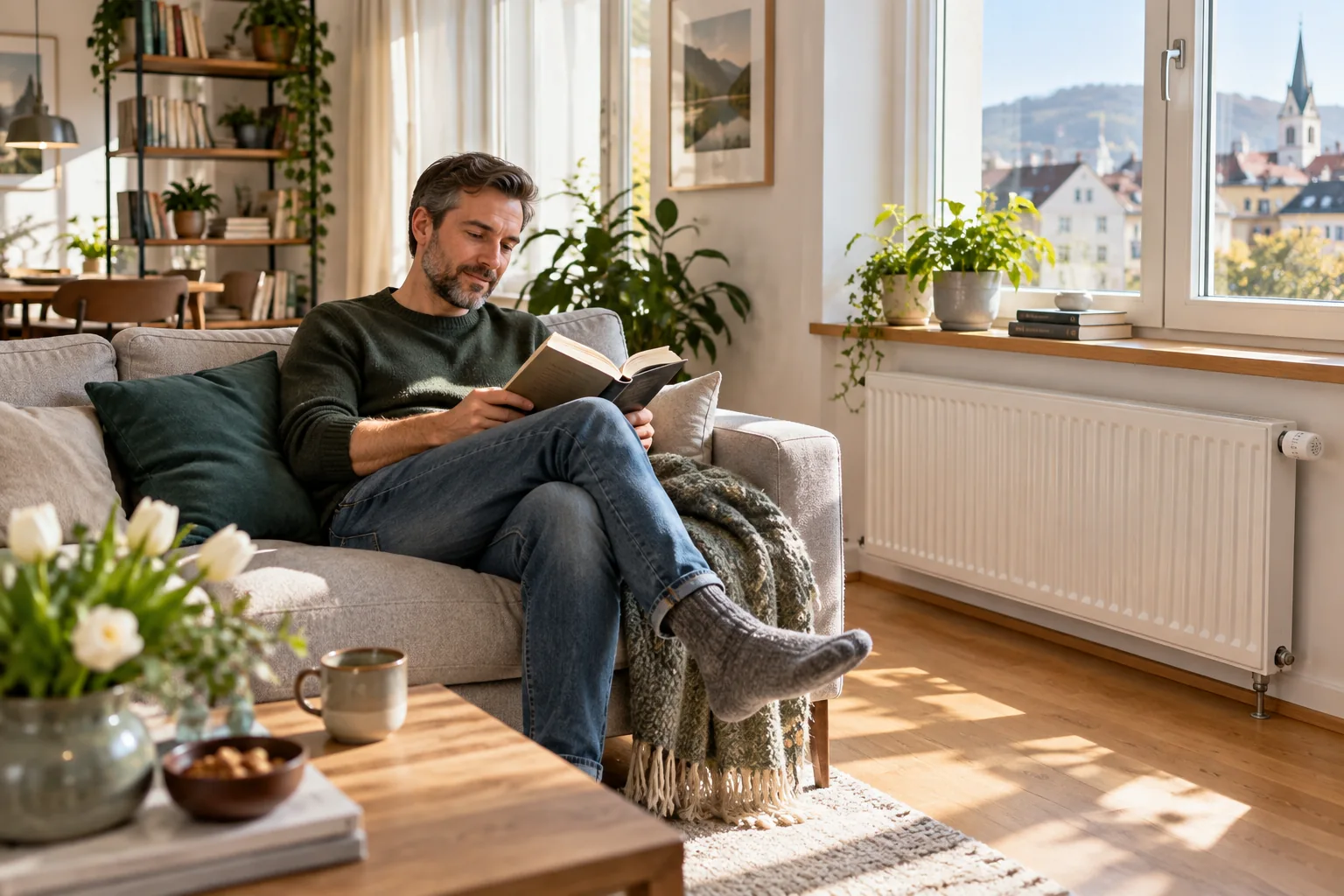 Mann liest in einem hellen Wohnzimmer neben einem Heizkörper.