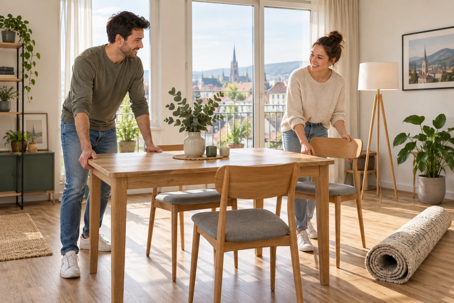Paar richtet gemeinsam einen neuen Essbereich ein.
