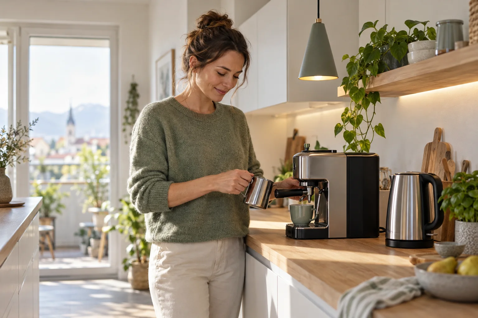 Frau bereitet in einer hellen Küche Kaffee zu.