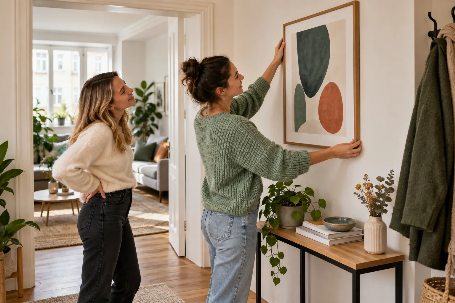 Zwei Frauen hängen gemeinsam ein Bild in ihrer Wohnung auf.