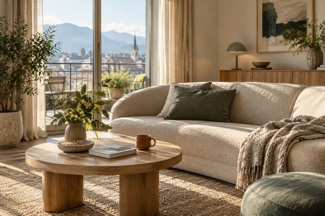 Helles Wohnzimmer mit gemütlichem Sofa und persönlichen Einrichtungsgegenständen